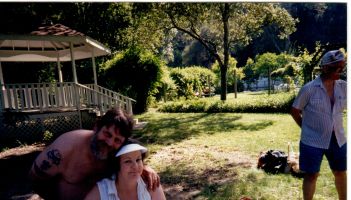 Eddie, Joan, Grandpa Jimmy pool picnic