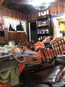 Home hospice, never far from his dogs
